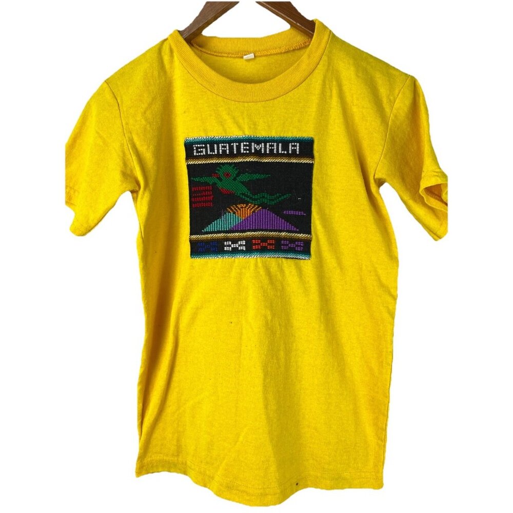 T Shirt    Kids Yellow Sz14 - Woven Patch  Short Sleeve Made Craft Guatemala